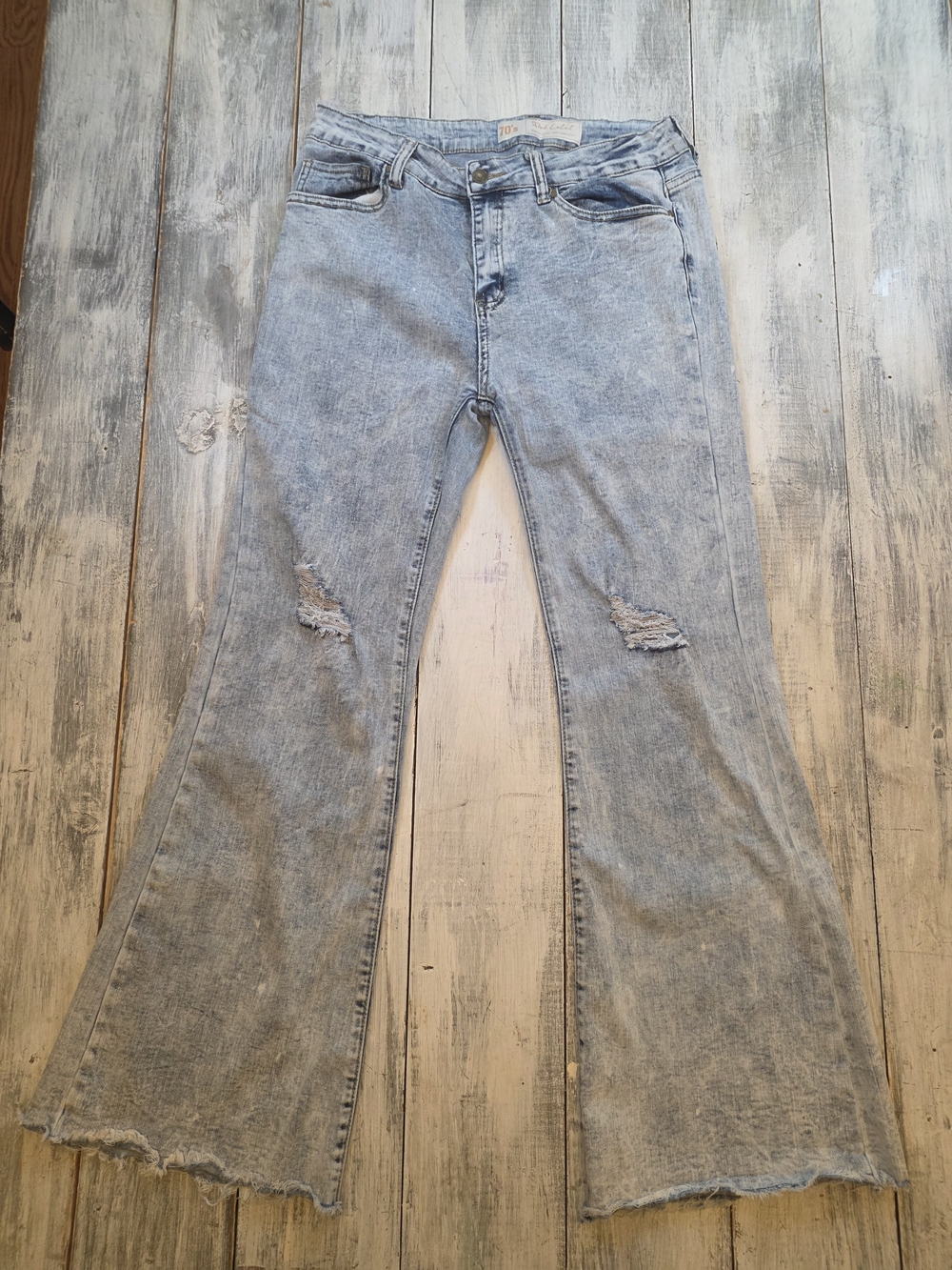 Pink Label Women's 70's Light Blue Distressed High Rise Wide Flare Jeans Sz 13